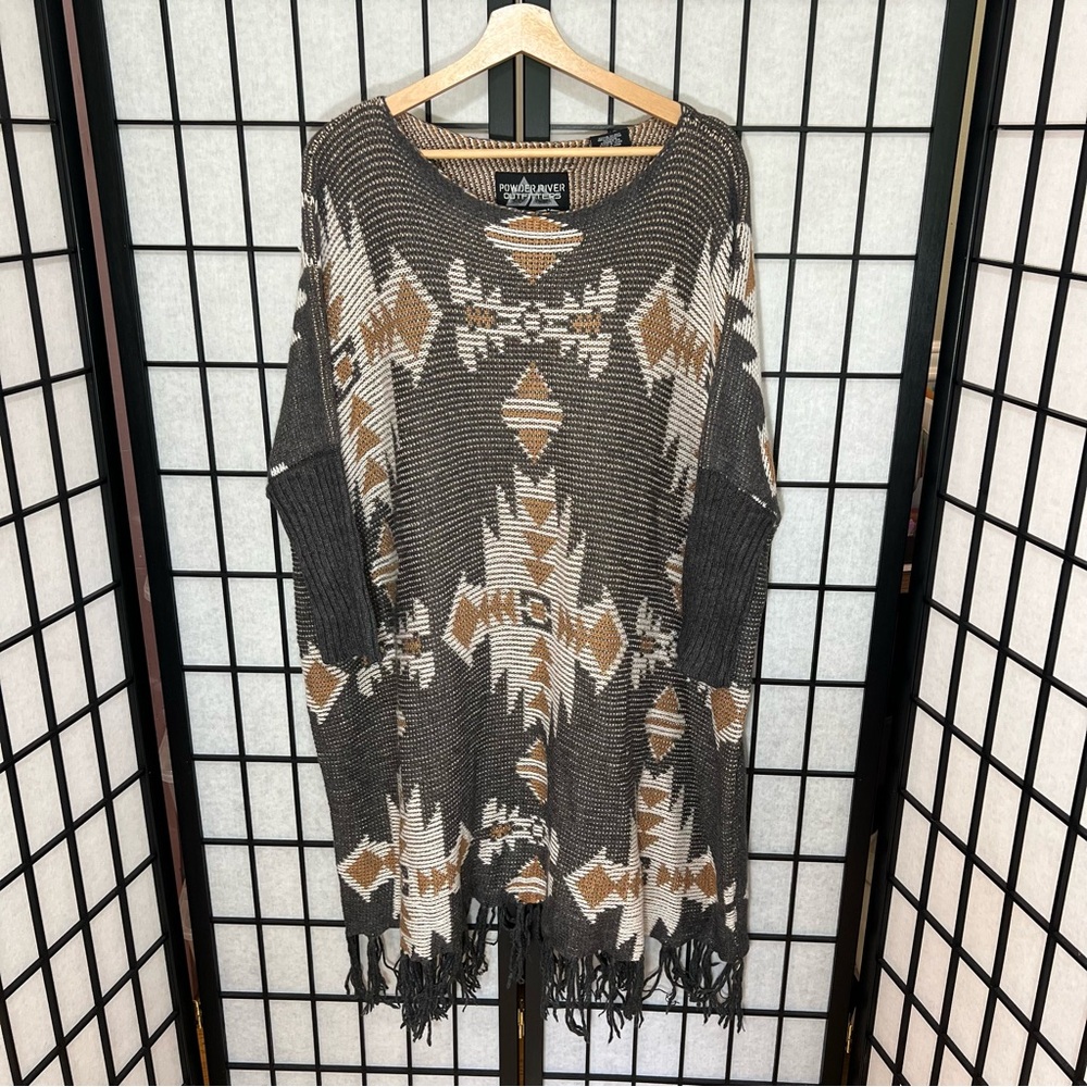 Powder Rivers Outfitters Womens Poncho Sweater Pullover Brown Tribal Sz S